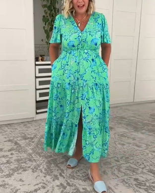 Jurk met korte mouwen en zakken en print