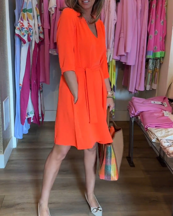 Midi Mouwen Effen Kleur Jurk met Riem