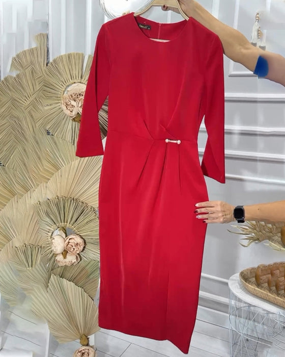 Romantische effen lange jurk met ronde hals