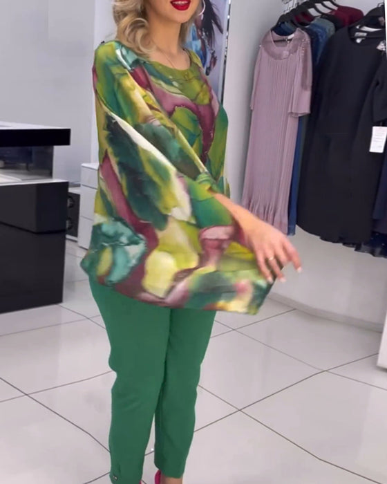 Blouse met ronde hals en vleermuismouwen met print