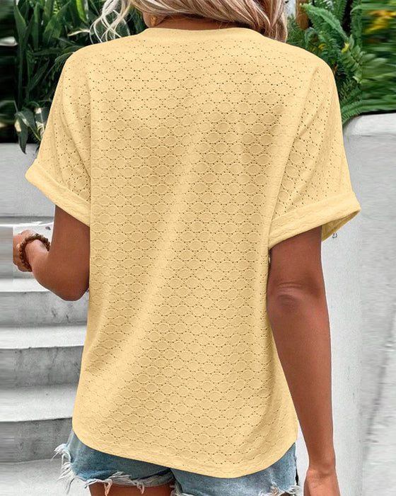 Casual blouse met V-hals in effen kleur met knoop