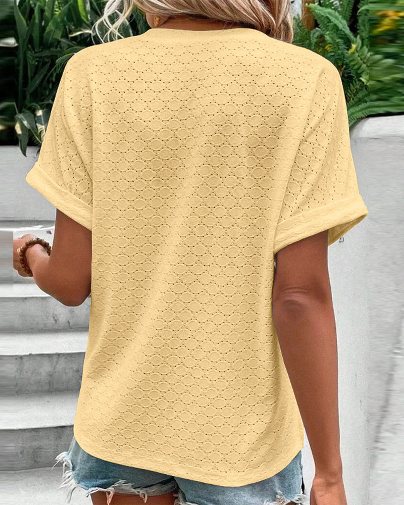 Casual blouse met V-hals in effen kleur met knoop