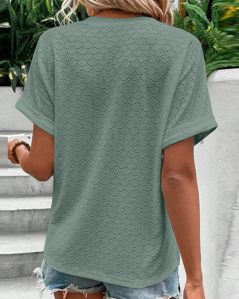 Casual blouse met V-hals in effen kleur met knoop