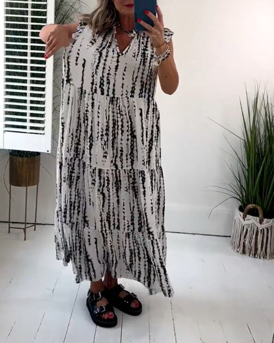 Fly Mouw Gedrukt V-Hals Jurk