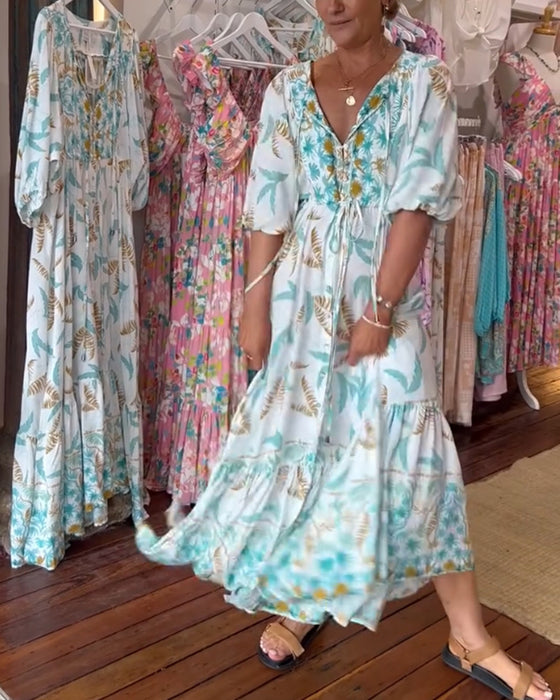 Maxi-jurk met bladprint voor dames met V-hals