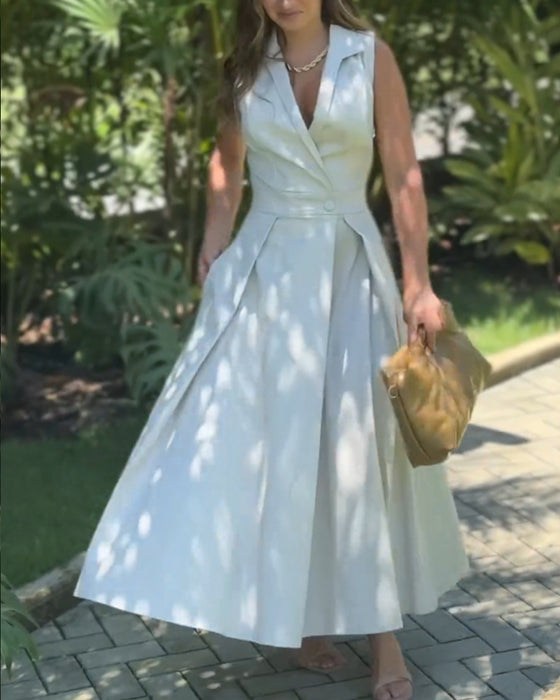 Mouwloze revers elegante effen kleur jurk