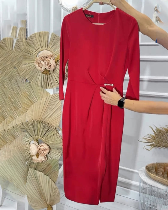 Romantische effen lange jurk met ronde hals