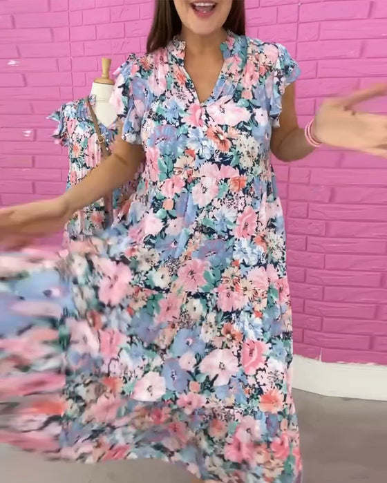 Casual jurk met korte mouwen en V-hals met bloemenprint