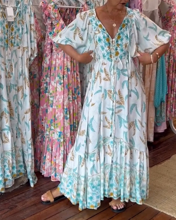 Maxi-jurk met bladprint voor dames met V-hals