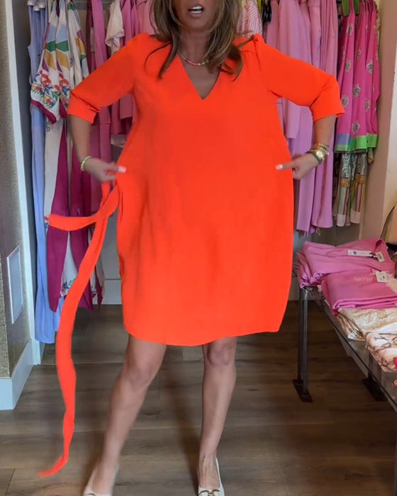 Midi Mouwen Effen Kleur Jurk met Riem