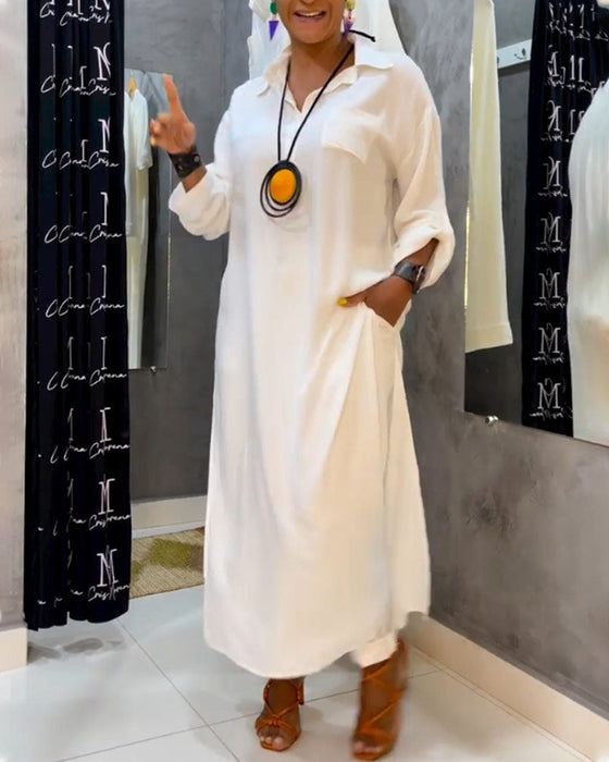 Effenkleurige jurk met revers en zak