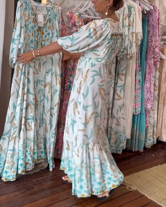 Maxi-jurk met bladprint voor dames met V-hals