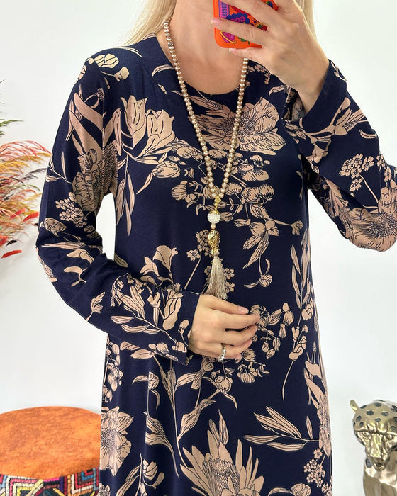 Jurk met bloemenpatroon en ronde hals