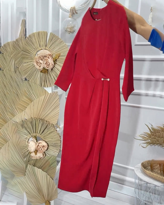 Romantische effen lange jurk met ronde hals