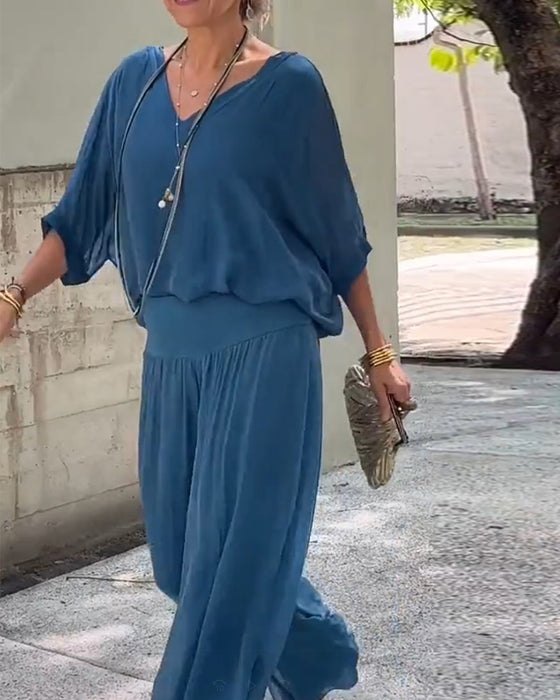 Casual tweedelig pak met V-hals, effen kleur