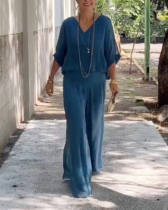 Casual tweedelig pak met V-hals, effen kleur