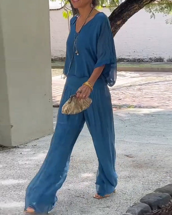 Casual tweedelig pak met V-hals, effen kleur