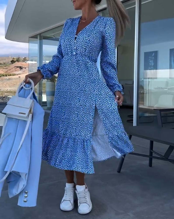 Jurk met bloemenpatchwork en V-hals