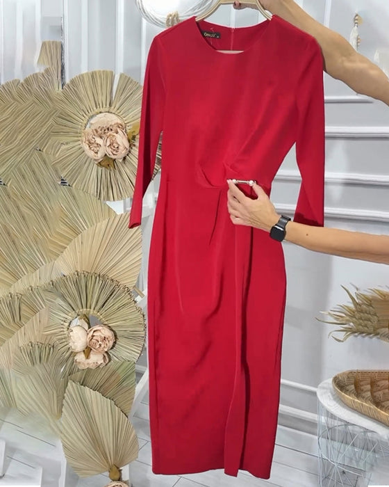 Romantische effen lange jurk met ronde hals