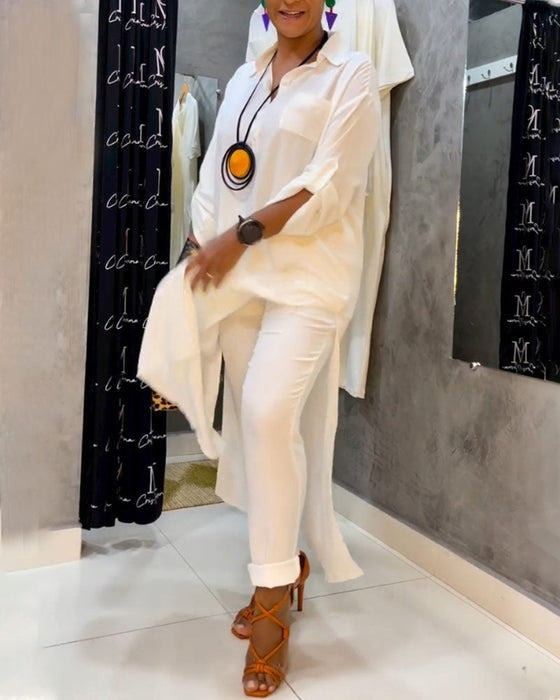 Effenkleurige jurk met revers en zak