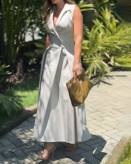 Mouwloze revers elegante effen kleur jurk